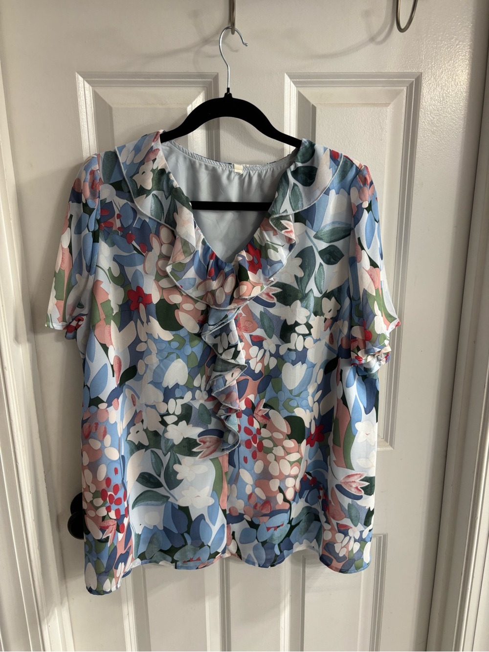 Simplee Apparel Pastel Floral Ruffle V-Neck Blouse